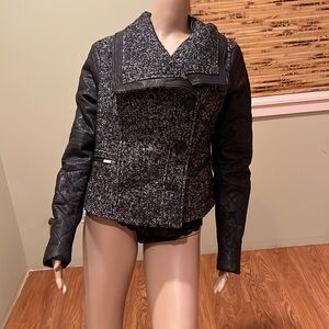 BCBGMAXAZRIA Black And White Wool Jacket With Genuine Leather Trim Size L